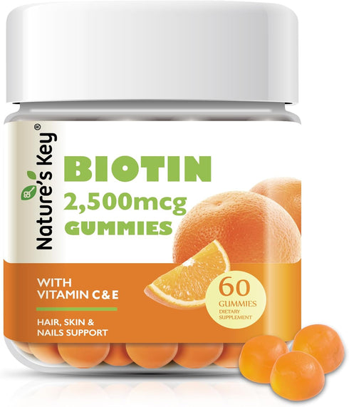 Nature's Key Biotin Gummies with Vitamin C and E, Support Hair, Nails, and Skin, Vegan, 60 Count