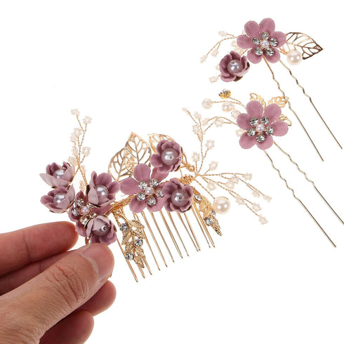 NUOBESTY 4Pcs Handmade Wedding Hair Clip Comb, Pearl Floral Leaf Hair Accessories for Women (Purple)
