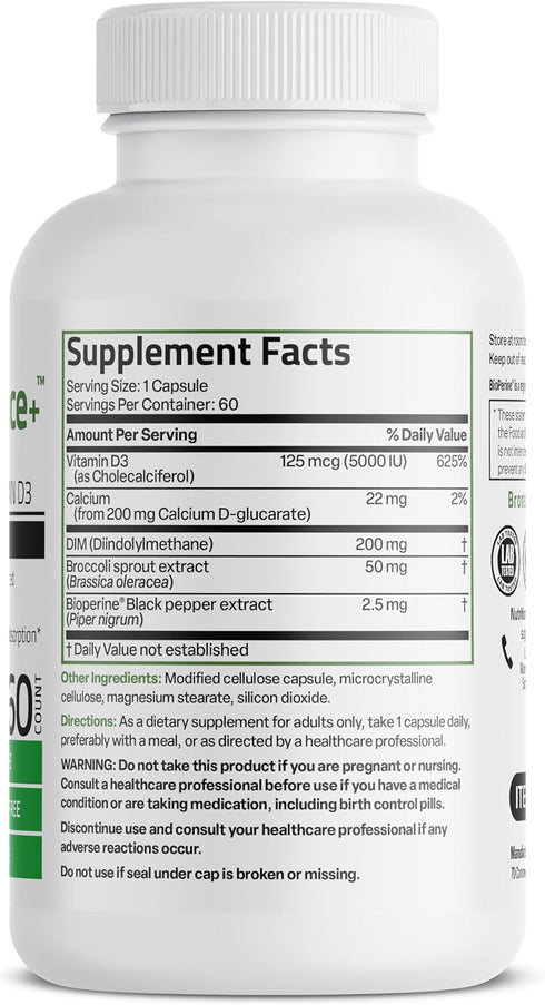Bronson DIM Balance+ Calcium D-Glucarate, Broccoli Sprouts and Vitamin D3 200 MG of DIM per Capsule Supports Estrogen Metabolism and Balanced Hormone Levels Non-GMO, 60 Vegetarian Capsules
