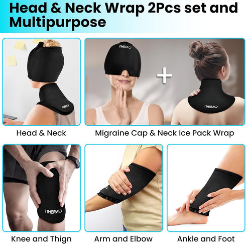 iTHERAU Migraine Relief Cap & Neck Ice Pack, 2Pcs-Set Reusable Headache Hat Ice Pack Mask, Gel Cold Compress Head Wrap