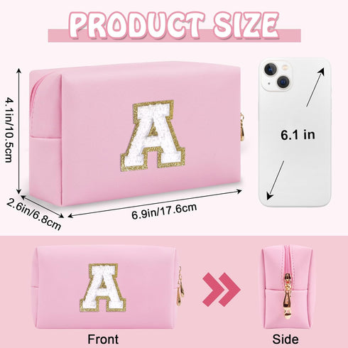 Personalized Initial Preppy Patch Makeup Bag, Small Travel Pink Cute Cosmetic Pouch Makeup Organizer Toiletry Zipper Pouch, Monogram Waterproof PU Chenille Letter Storage Bag Gift for Women(Letter A)