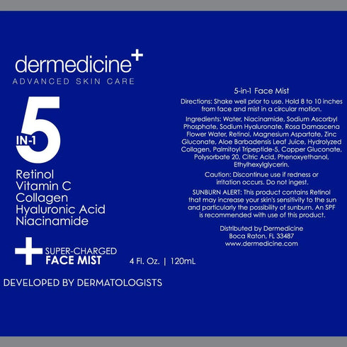 5 in 1 Super Charged Face Mist w/Retinol, Vitamin C, Collagen, Hyaluronic Acid & Niacinamide | 4 fl oz, 120 ml Hydrates