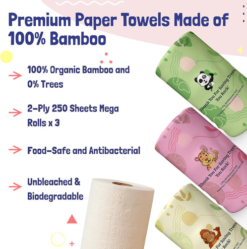 MOTHER EARTH Bamboo Paper Towels, 2-Ply, 3 Rolls, 250 Sheets per Roll, Gentle for Sensitive Skin & Daily Cleaning Tasks
