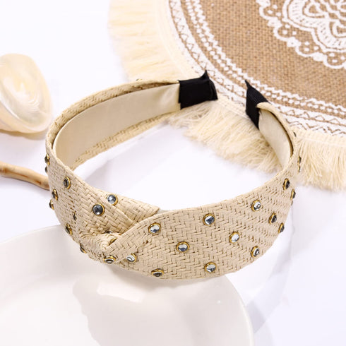 Rhinestone Rattan Headband - Fashion Boho Wide Head Band for Women and Girls Hair Accessories (Offwhite)