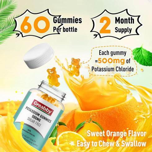 Potassium Gummies 500mg for Adults, 60 Servings, Sugar-Free Potassium Chloride Gummies, Heart Health & Muscle Relief for Women Men, Electrolyte Balance Boost, Efficient Potassium Supply