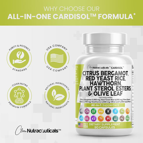 Clean Nutraceuticals Citrus Bergamot 3000mg & Red Yeast Rice 6000mg Capsules, USA Made - with Plant Sterols & More