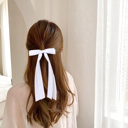VOBOBE 4PCS Hair Bows for Women Girls, Black White Satin Tassel Bowknot Hair Clips Barrettes with Long Tail