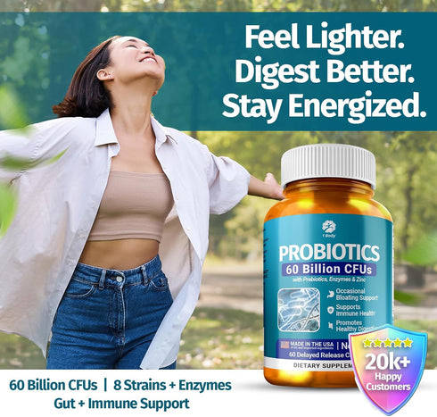 1 Body Probiotics, 60 Billion CFU Gut Health Supplement with Prebiotics, Digestive Enzymes, Vegan, 60 Capsules