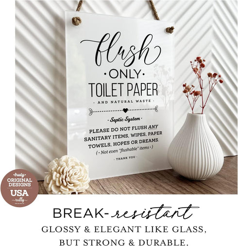 6x8 Inch Designer Bathroom Sign - Flush Only Toilet Paper, Not Hopes & Dreams, Septic System ~ Ready to Hang ~ Premium