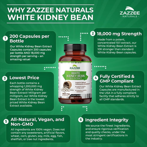 Zazzee White Kidney Bean 10:1 Extract, 1800 mg per Serving, 200 Vegan Capsules, Non-GMO, Made in USA