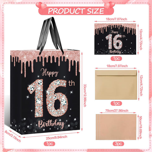 SUNDECO 16 16th Sweet Birthday Gift Bag - Large Rose Gold and Black Party Decorations with Tissue Paper, Birthday Card