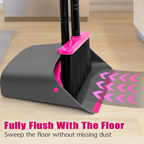 JEHONN Broom with Dustpan Combo Set, Long Handle Lightweight Indoor Broom Set for Home, Kitchen, Office (Rose Red)