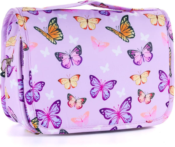 Kids Hanging Toiletry Bag for Girls, Waterproof Travel Makeup Bag for Little Young Girls, Butterfly Purple