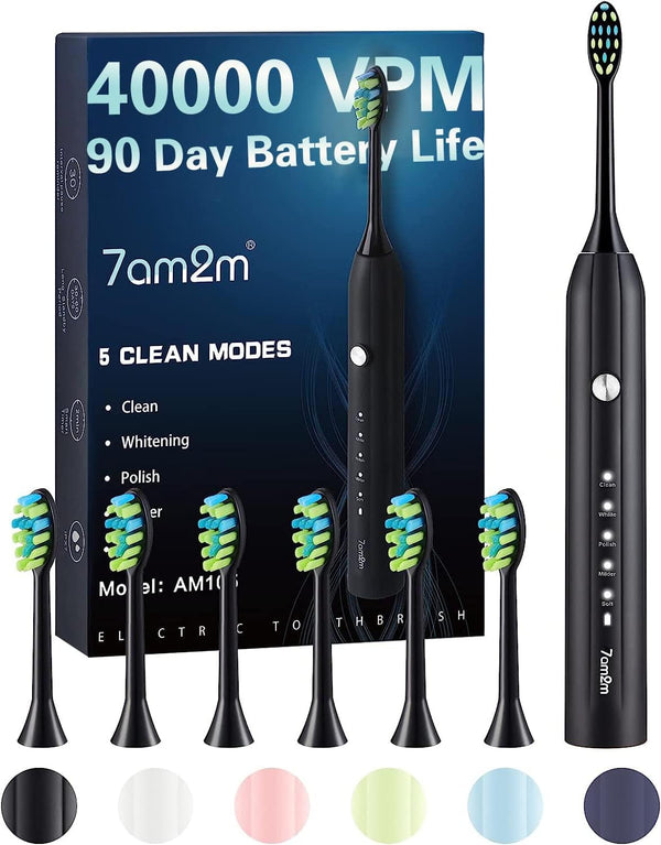 7AM2M Sonic Electric Toothbrush - Soft Toothbrushes for Adults and Kids with 6 Brush Heads, 5 Modes, Rechargeable