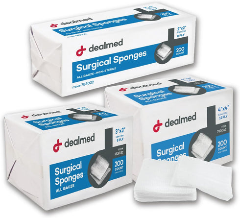 Dealmed 3" x 3" Surgical Sponges, 8-Ply Non-Woven Absorbent Gauze for Wound Care, 200 Count (Pack of 1)