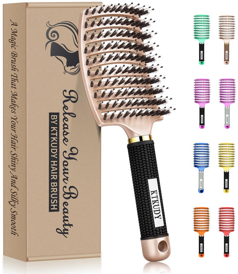 KTKUDY Detangling Brush for Women Men Kids, Boar Bristles Hairbrush for Wet and Dry Hair, Pain-Free Detangler
