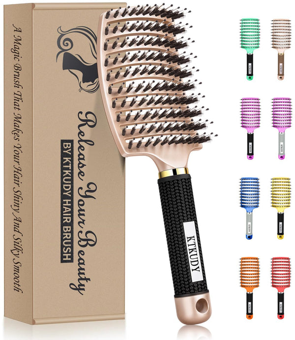 KTKUDY Detangling Brush for Women Men Kids, Boar Bristles Hairbrush for Wet and Dry Hair, Pain-Free Detangler