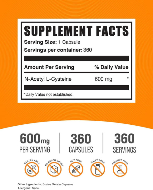 BulkSupplements.com N-Acetyl L-Cysteine Capsules - N-Acetyl Cysteine 600mg, NAC Supplement - 600mg per Capsule, Gluten Free - 1 NAC Capsule per Serving, 360 Capsules (Pack of 1)