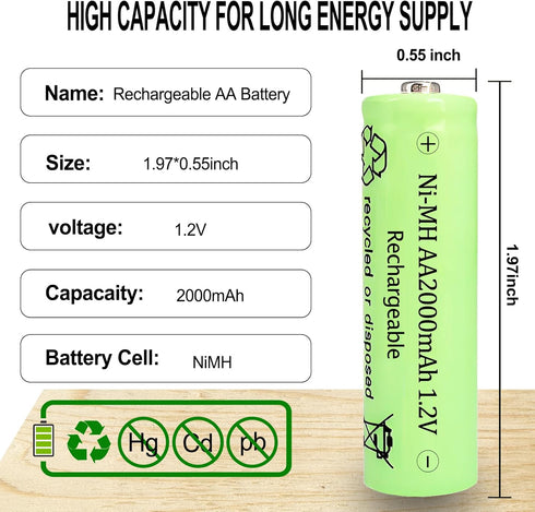 Zsolarigt 2000mAh 1.2V 10 Packs Rechargeable Ni-MH AA Batteries Long Lasting for Remote Controls, Household Device