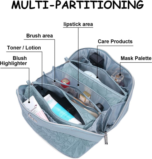 Travel Makeup Bags Cosmetic Organizer: 3-Set Large Capacity PU Leather Toiletry Bag for Women (Light Blue)
