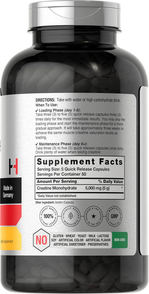 Horbaeach German Creatine Monohydrate 5000mg, 250 Capsules, Non-GMO, Gluten Free Supplement