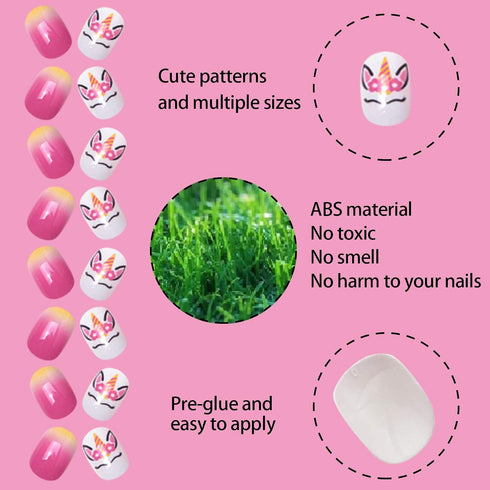 SIUSIO 120 Pcs 5 Pack Children Acrylic Fake Nails Press on Pre-glue Full Cover Glitter Gradient Color Rainbow Kits