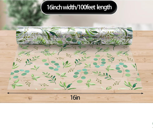 Whaline Eucalyptus Cellophane Wrap Roll Greenery Clear Wrapping Paper Green Leaves Plastic Gift Basket Wrap for Wedding Birthday Baby Shower Party DIY Craft Supplies, 16 Inch x 100 Ft
