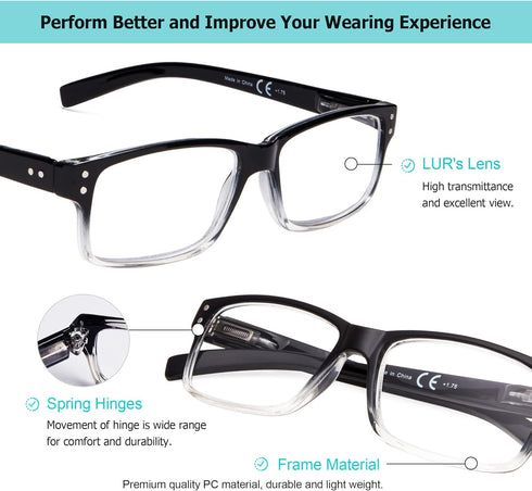 LUR READING GLASSES 5 Pack, Comfort Plastic Readers with Spring Hinge