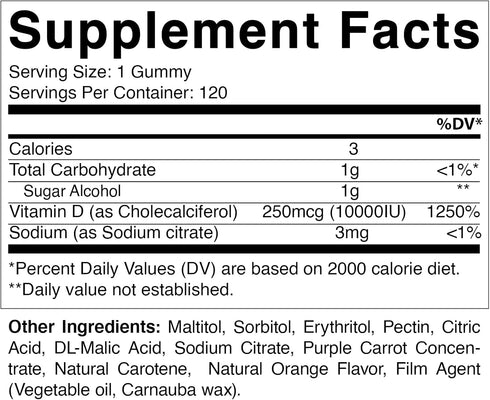 Vitamatic Sugar Free Vitamin D3 10000 IU - 120 Pectin Based Gummies - Great Taste - Healthy Bones, Mood & Immune System Function - Non-GMO - 120 Servings