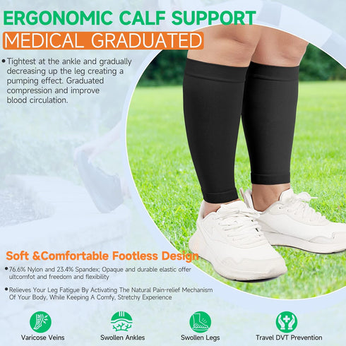 MGANG Plus Size 4XL Calf Compression Sleeve, 2 Pairs 20-30mmHg Leg Compression Socks for Pain Relief, Black+Beige