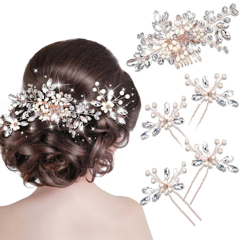 Yeshone 5 Pieces Wedding Hair Comb, Bridal Hair Pins Crystal Pearl Hair Accessories for Women (Rose Gold, Classic Style)