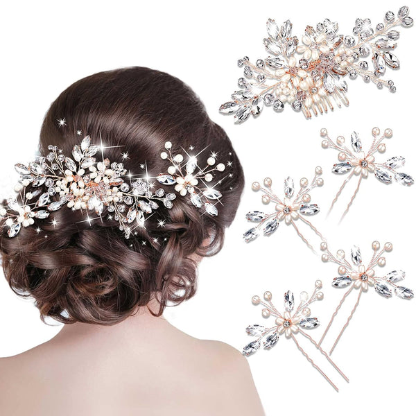 Yeshone 5 Pieces Wedding Hair Comb, Bridal Hair Pins Crystal Pearl Hair Accessories for Women (Rose Gold, Classic Style)
