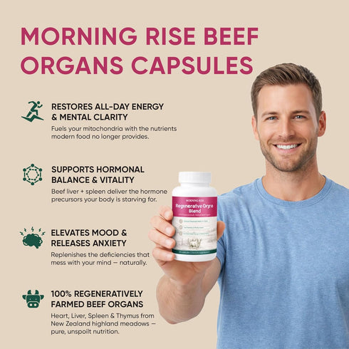 MORNING RISE 90 Count Regeneratively Raised Beef Organs Capsules, Grass Fed & Pasture Raised, Gluten-Free, Non-GMO