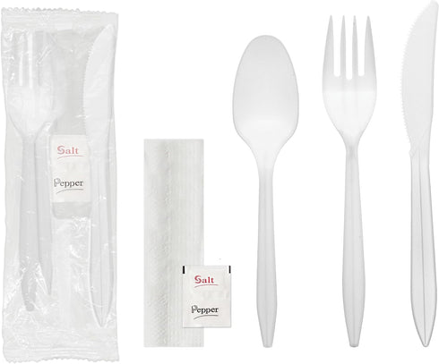 Party Essentials Individually Wrapped Plastic Cutlery Packets, 100 Sets of Fork/Spoon/Knife/Napkin/Salt/Pepper