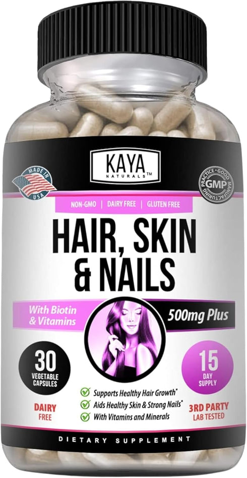 Kaya Naturals Hair Skin Nail Capsules with Biotin, 30 Count Capsules, Hair Support Vitamins, Vitamin D, B-12, Folic Acid