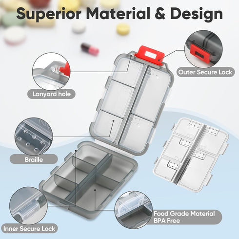 WLU 4 Pack Travel Pill Organizer Small Pill Case Pocket Pill Box Portable Medicine Organizer Box with Lables and Pill