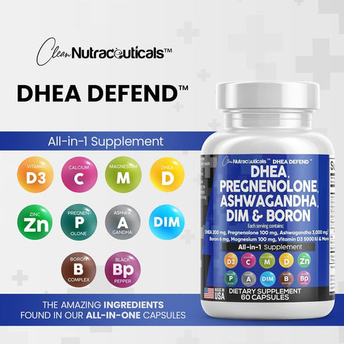 DHEA 200mg Supplement - 60 Ct - Pregnenolone 100mg for Men & Women with DIM, Ashwagandha 3000mg, Boron, Calcium,
