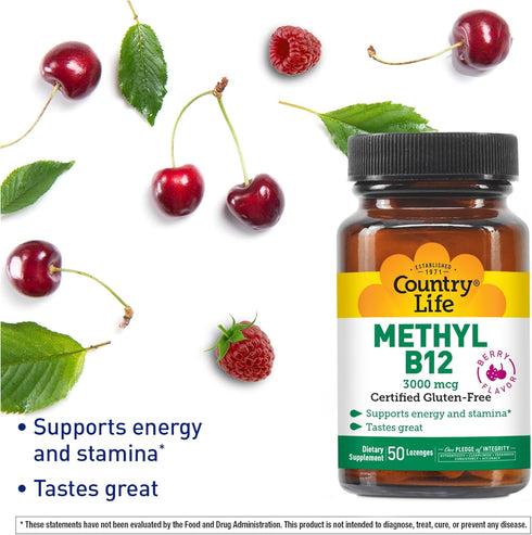 Country Life Methyl B-12 3000 mcg Lozenges, Vegan, 50 Count for Energy Support