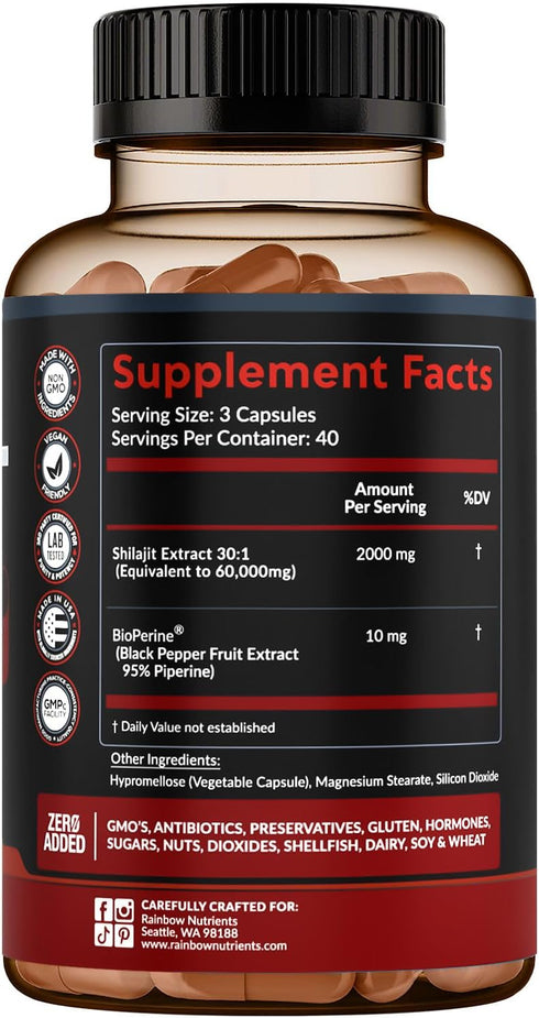 Pure Himalayan Shilajit Capsules Supplement, 120 Pills - 60,000mg+ Absorption Enhancer with 85+ Trace Minerals