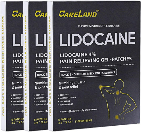 CARELAND 4% Lidocaine Gel Patch, 18 Count | Maximum Strength Pain Patches for Muscle Relief in Neck, Knee, Back