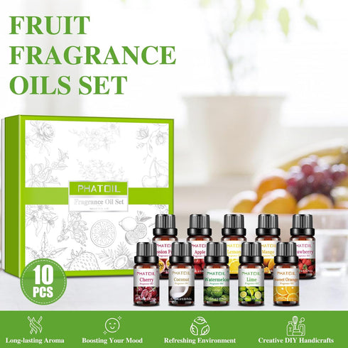 10Pcs Fruity Fragrance Oil Set for Candle Making, Freshie Scents, Coconut, Cherry, Apple, Strawberry, Mango