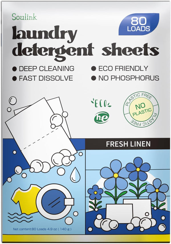 Soulink Laundry Detergent Sheets Up to 80 Loads, Eco-Friendly Strips for Travel & Home, Plant-based, Hypoallergenic