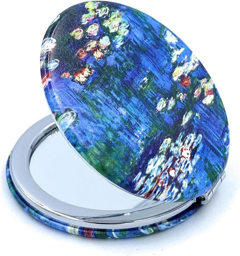 Small Handbag Mirror - Compact Mirror for Girls, Folding Pu Leather Floral Compact, Claude Monet Water Lilies Unique