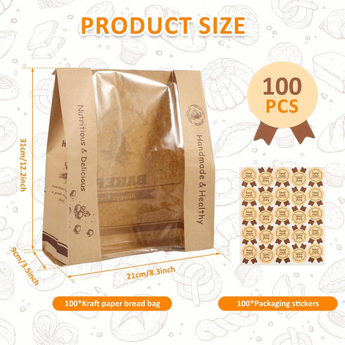 Kandishiex 100Pcs Packaging Packaging US Bread Bags Paper with Window Brown Paper Bread Bags Food Grade Bread Paper