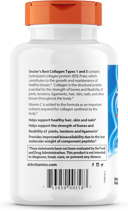 Doctor's Best Collagen Types 1 & 3, Non-GMO, Gluten Free, 1000 Mg, 540 Tablets, Supports Hair, Skin, Nails