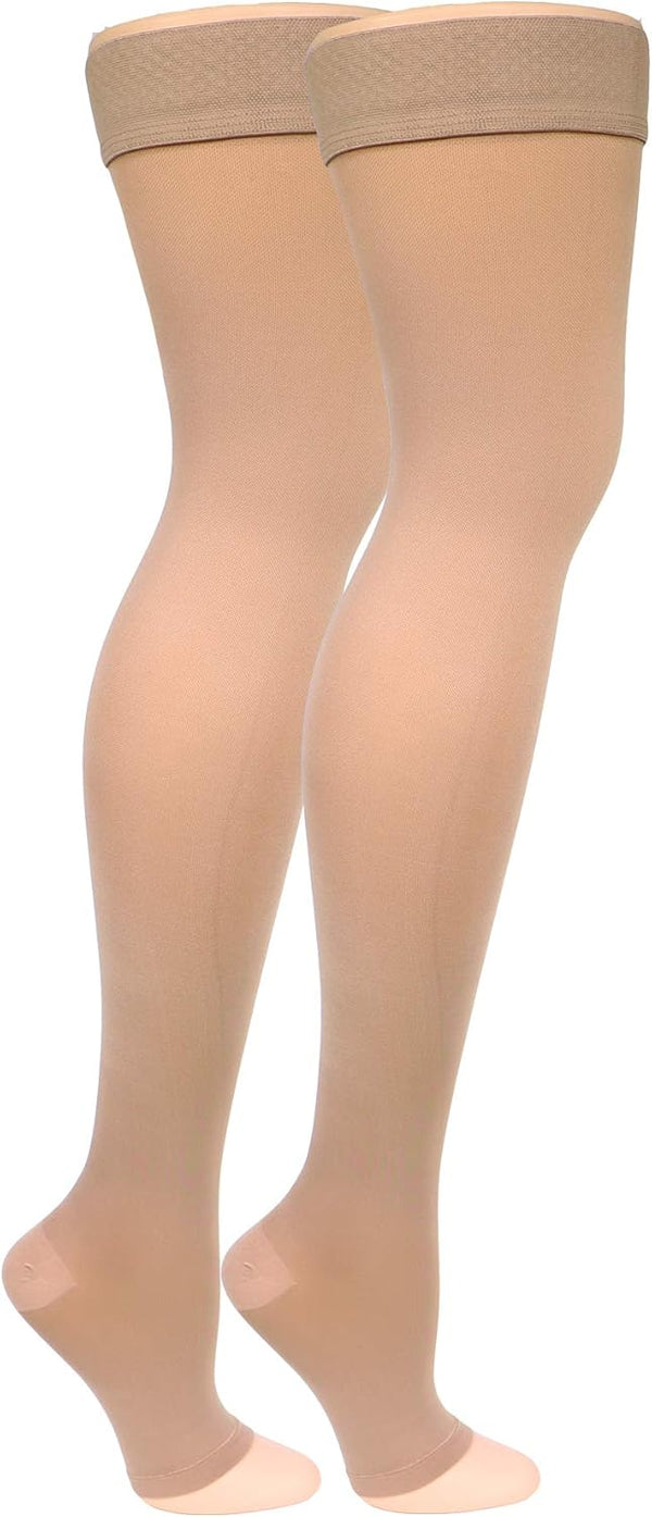 Truform Women's Compression Stockings, 20-30 mmHg, Thigh High Length, Open Toe, Opaque, Medium Beige