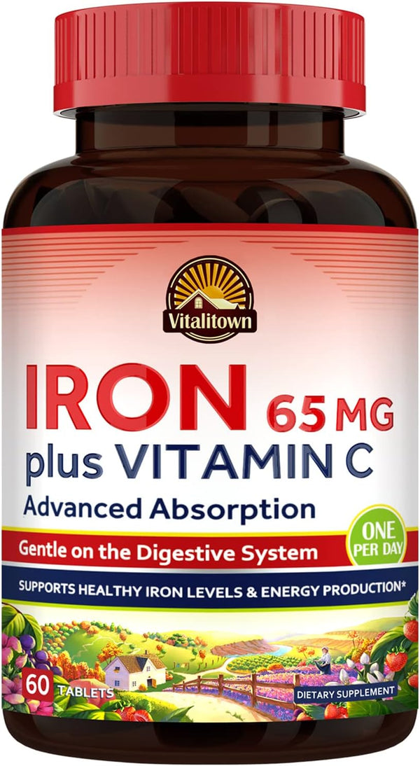Vitalitown Iron 65 mg, Carbonyl Iron with 250 mg Vitamin C for Enhanced Absorption, Blood Builder & Energy Support - 60