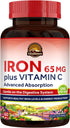 Vitalitown Iron 65 mg, Carbonyl Iron with 250 mg Vitamin C for Enhanced Absorption, Blood Builder & Energy Support - 60