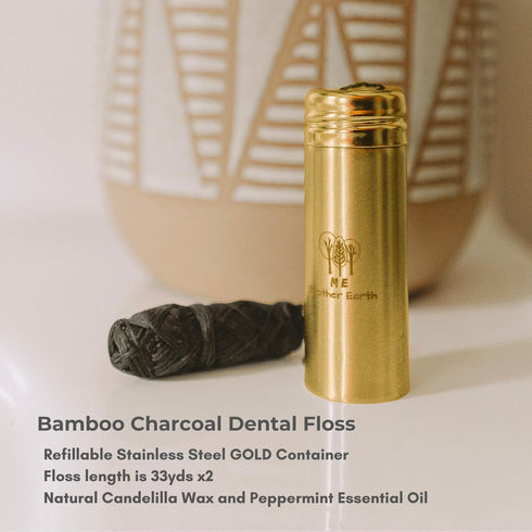 Vegan Bamboo Charcoal Dental Floss, 33 Yards x2, Gold Stainless Steel Container, Peppermint, Eco Friendly