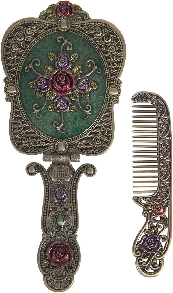 Vintage Metal Handheld Makeup Mirror Set - Antique Mirror Comb with Russian Style Embossed Rose, Portable Travel Bronze
